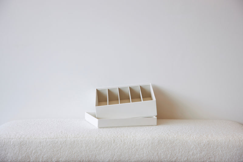 White sunglasses insert set from SAGITINE with multiple compartments for lens customization.
