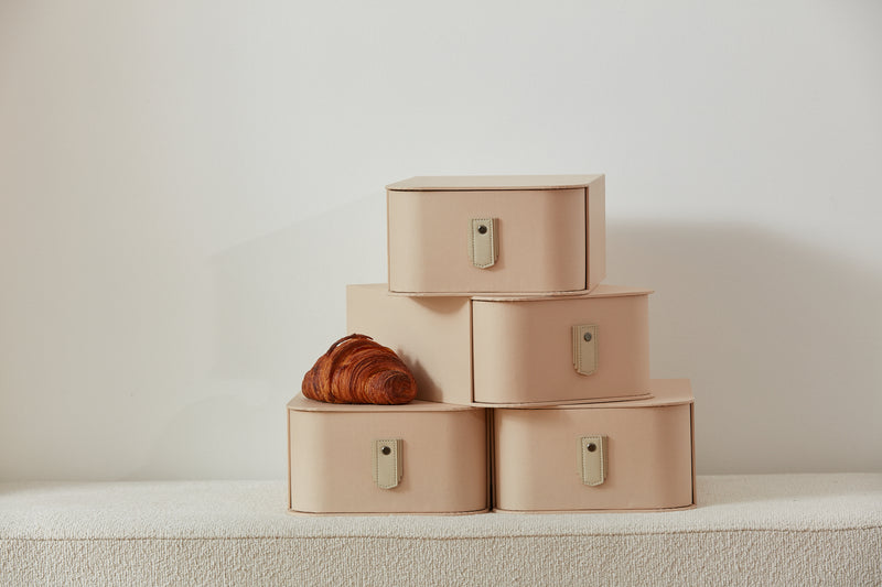 Milan Shoe Box in Nougat color by SAGITINE, available in single, six set, and eight set sizes.