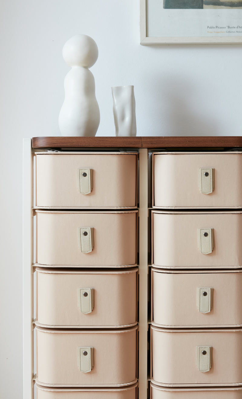 White 14 box stand with nougat boxes and cream handles from SAGITINE, designed for stylish organization.