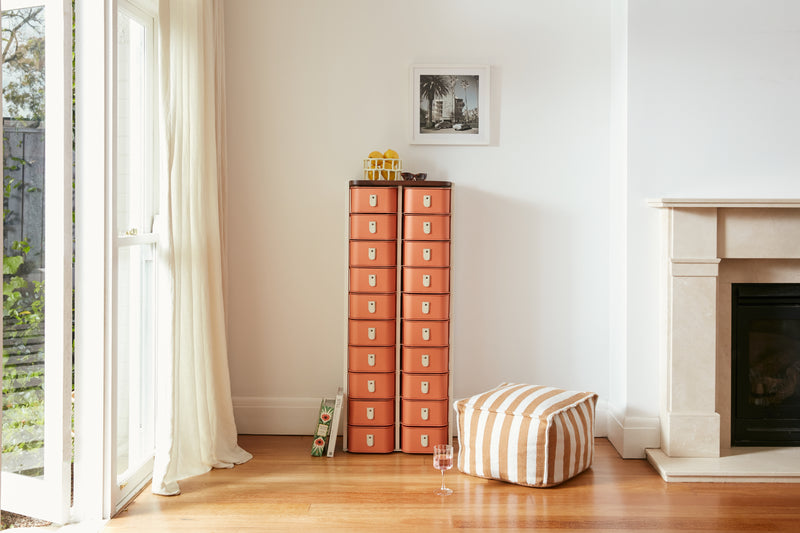 Terracotta 20 Box Stand with white accents and cream handles by SAGITINE, ideal for preordering.