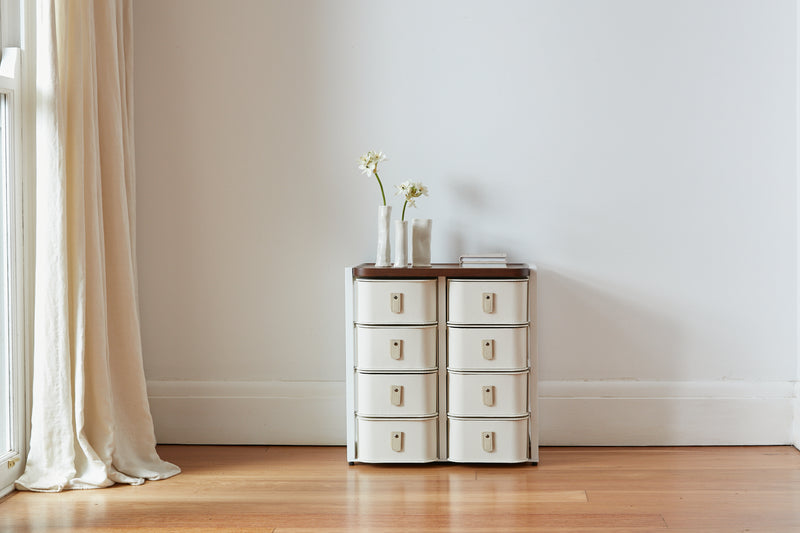 Off-white Florence 8 box stand by SAGITINE with cream handles and minimalist design