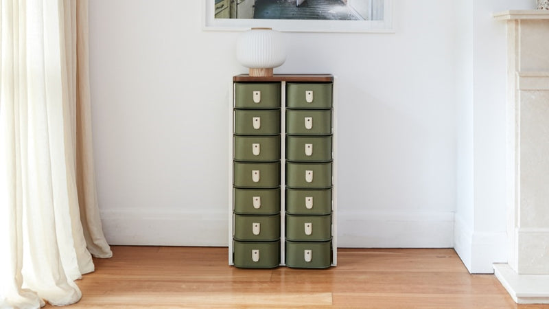 Olive 14 box stand with white stands by SAGITINE, featuring cream handles and modern design.