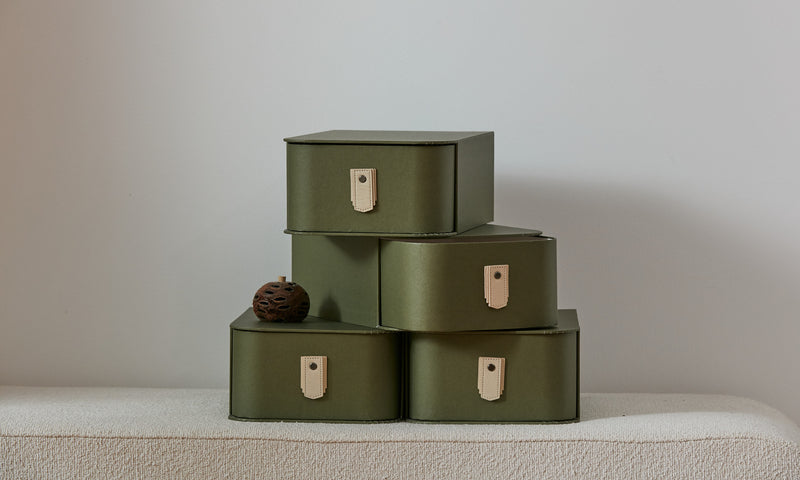 Olive Milan Shoe Box by SAGITINE, stylish storage solution available in single, six set, and eight set sizes.