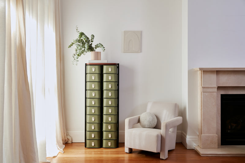Olive 20 Box Stand by Sagitine with black handles, designed for stylish storage solutions.