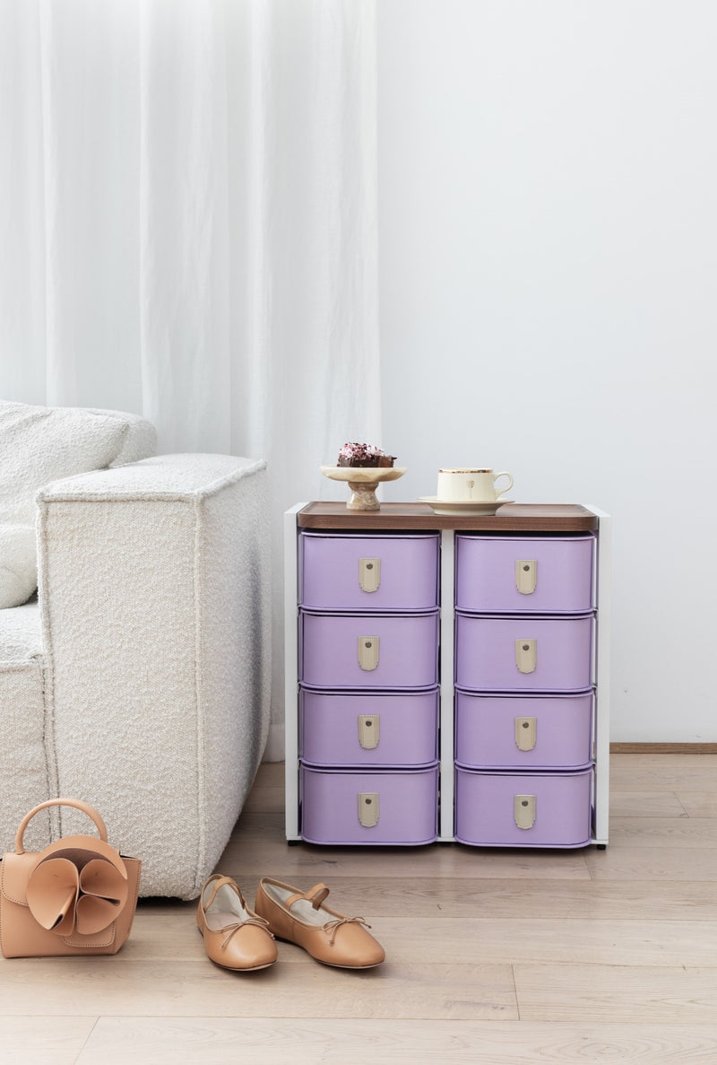 Lilac 8 box stand with cream handles and white frame by SAGITINE, perfect for stylish organization.