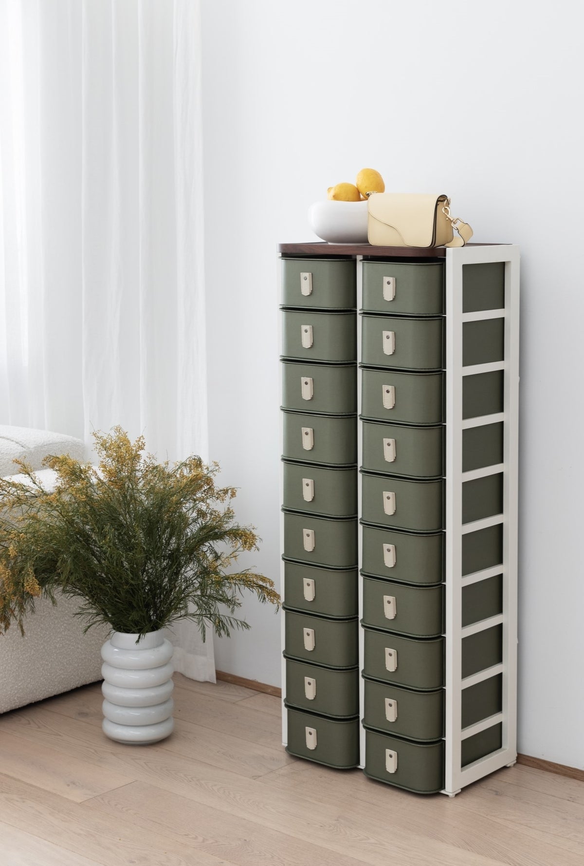 Olive 20 Box Stand with white support by SAGITINE, featuring a modern design suitable for organizing storage.