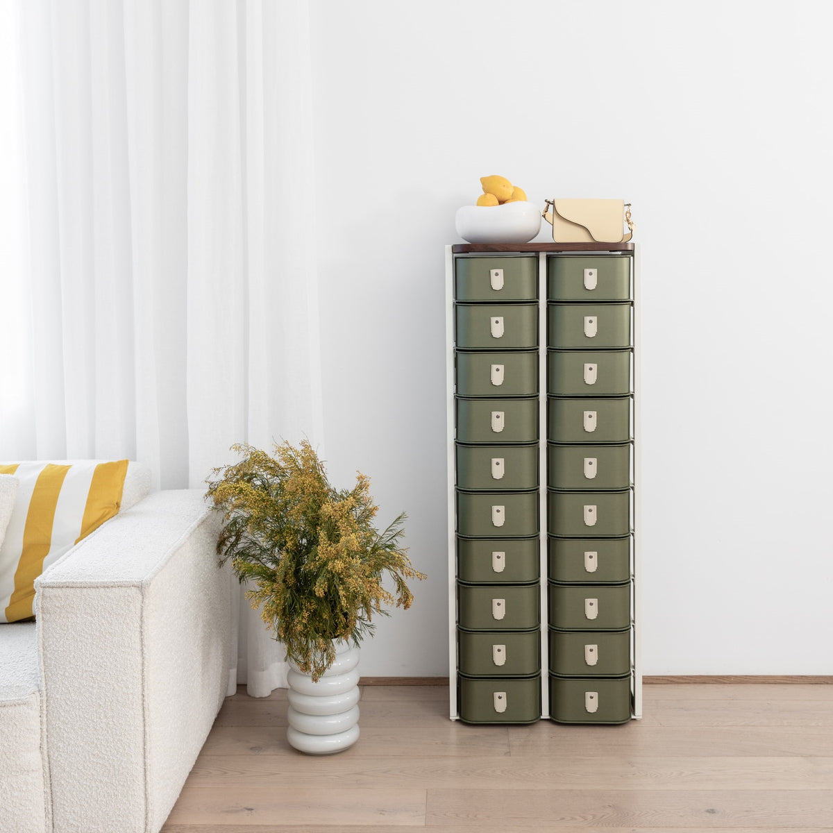 Olive 20 Box Stand with white base by SAGITINE, featuring sleek design and stylish handles.