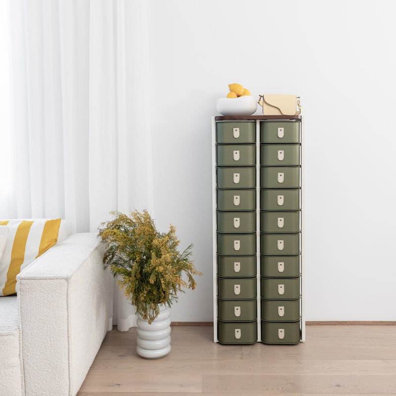 Olive 20 Box Stand with white base by SAGITINE, featuring sleek design and stylish handles.