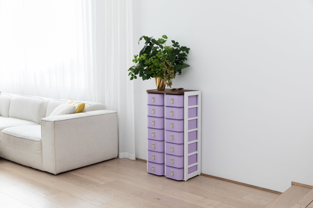 Lilac 14 box stand with white base and cream handles by SAGITINE, designed for limited-edition storage.