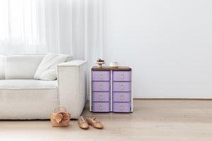 Lilac Florence 8 box stand by Sagitine with white base and cream handles, part of a limited-edition preorder.