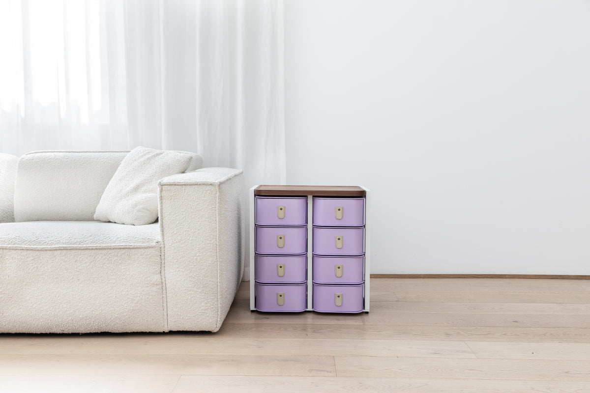 Florence 8 box stand in lilac with white handles, featuring a limited-edition design by Sagitine.