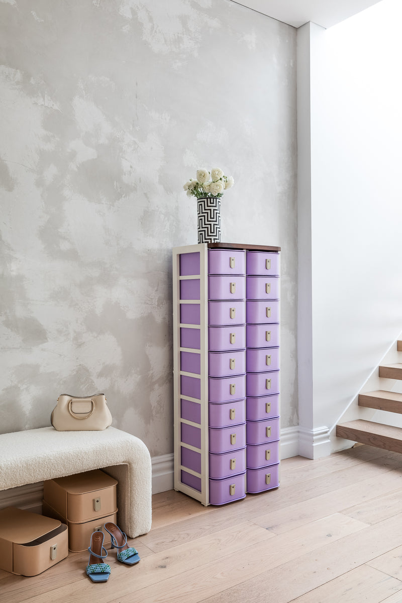 Lilac 20 Box Stand with white base and cream handles by SAGITINE, designed for stylish storage.