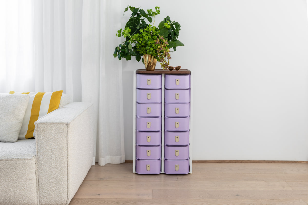 Lilac 14 box stand with white base and cream handles by SAGITINE, designed for storage and display.