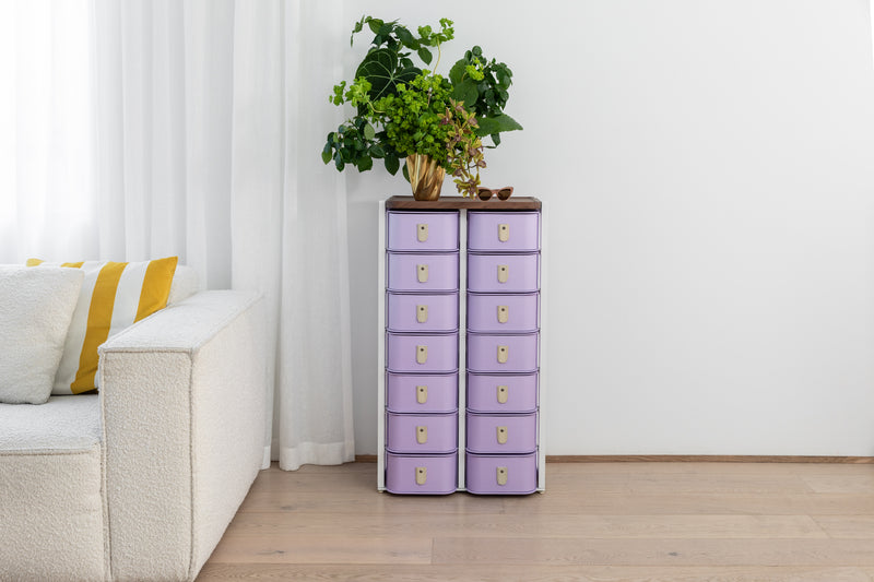 Lilac 14 box stand with white base and cream handles by SAGITINE, designed for storage and display.