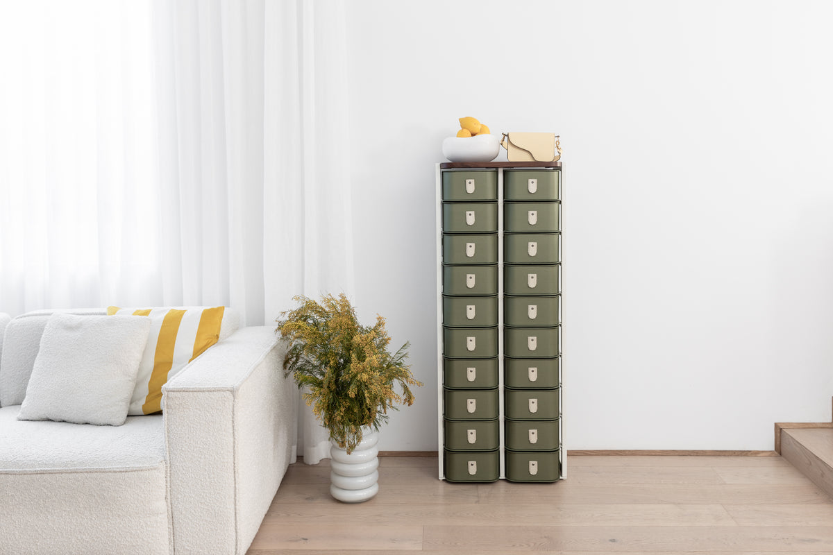 Olive 20 box stand with white frame by SAGITINE, featuring a modern design for storage and organization.