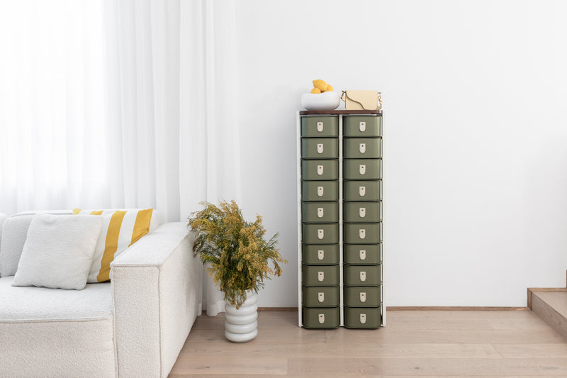 Olive 20 box stand with white frame by SAGITINE, featuring a modern design for storage and organization.