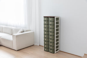 Olive 20 box stand with white support by Sagitine, featuring cream handles.