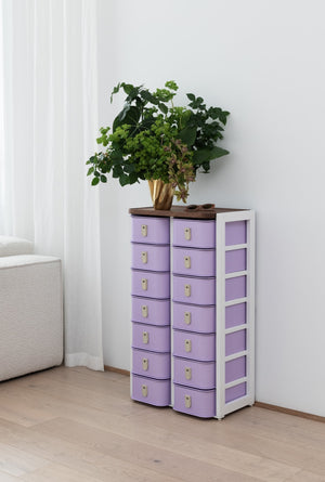 Lilac 14 box stand with white base and cream handles by SAGITINE, ideal for organizing small items.