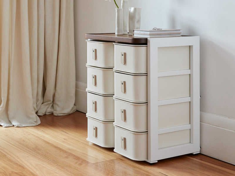 Off-white Florence 8 box stand with cream handles by SAGITINE, featuring a modern design and sturdy construction.