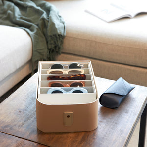 SAGITINE sunglasses insert set in a beige storage box, featuring multiple styles and colors.