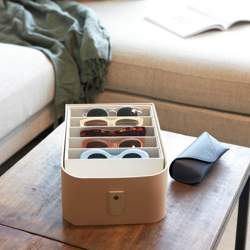 SAGITINE sunglasses insert set in a beige storage box, featuring multiple styles and colors.