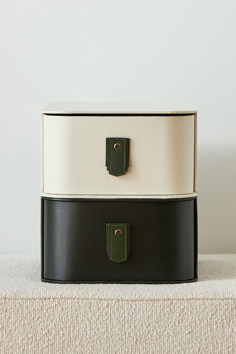 Khaki leather pull handle by Sagitine, featuring a sleek design and sturdy attachment for easy grip.