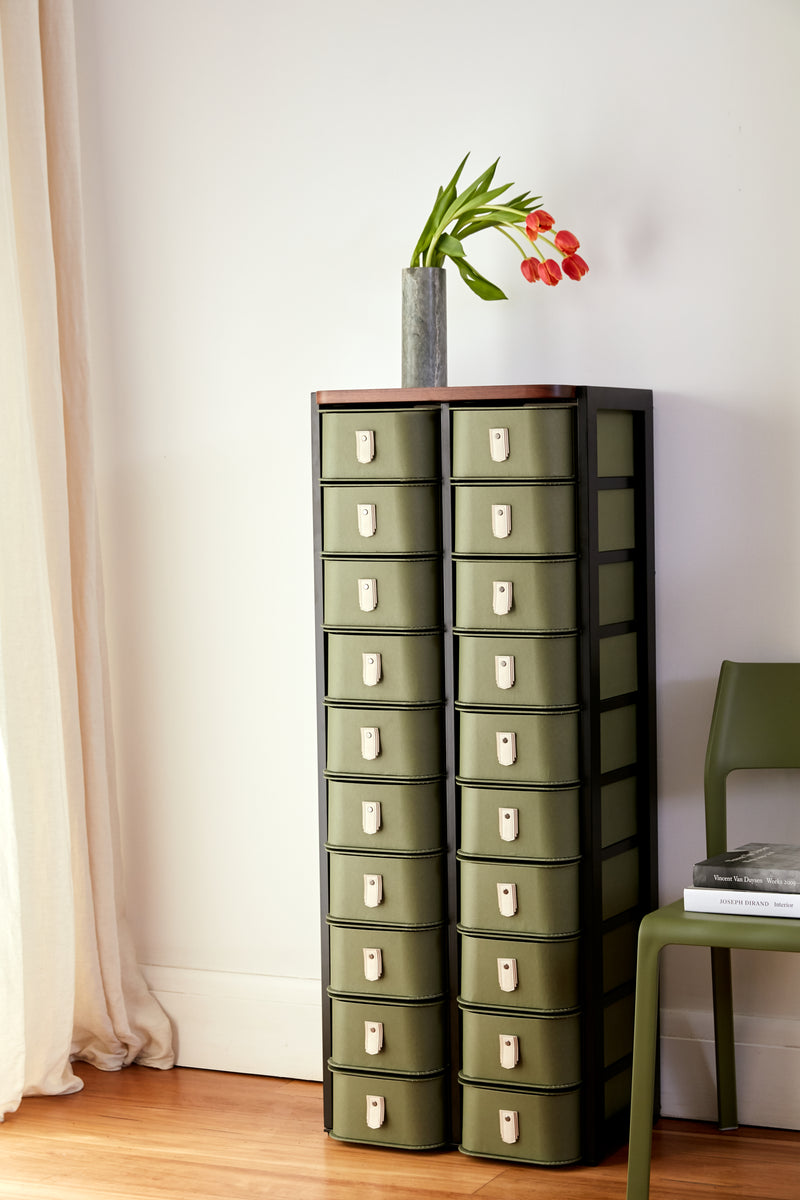 New York 20 Box Stand in olive with black stand and cream handles by Sagitine