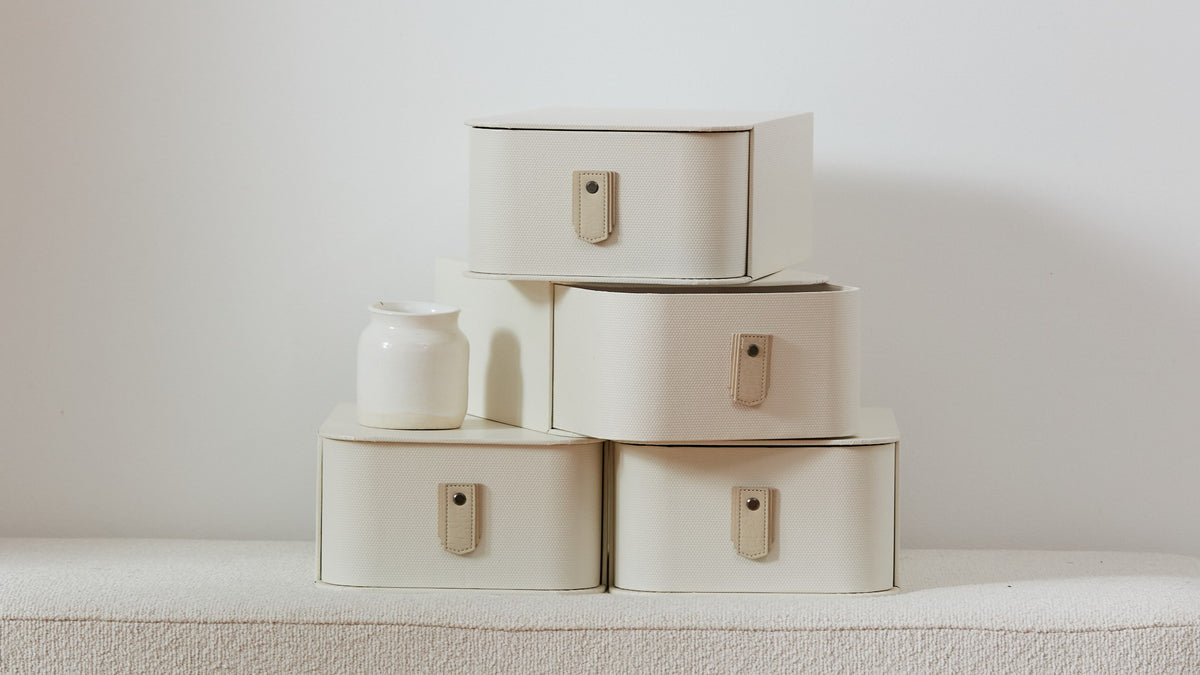 Off-white Milan shoe storage box by SAGITINE, designed for single, six-set, or eight-set shoe organization.