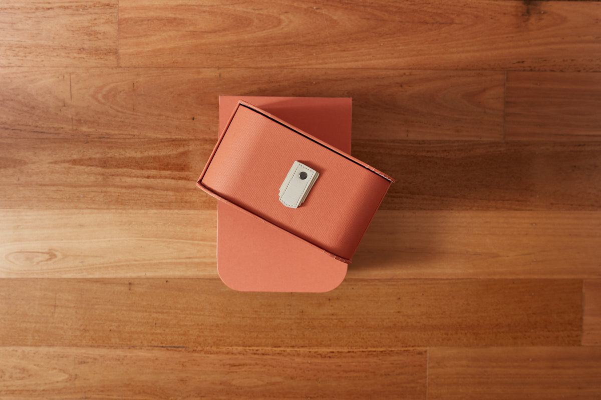 White 14 box stand with cream handles and terracotta boxes by SAGITINE
