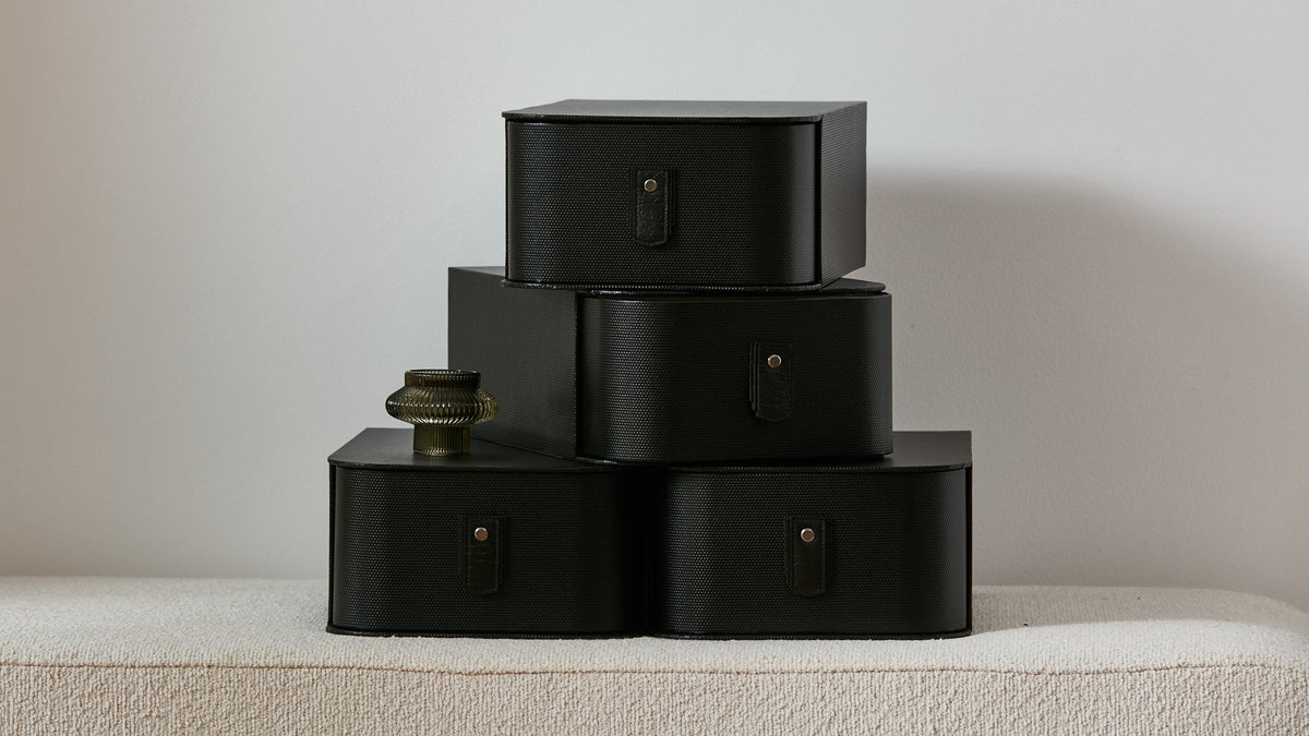 Black Milan Shoe Box by SAGITINE, suitable for single or multiple shoe storage, sleek and stylish design.
