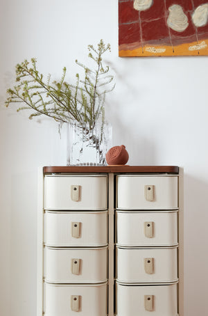 Off-white 14 box stand with cream handles by SAGITINE, featuring a sleek design suitable for organization.