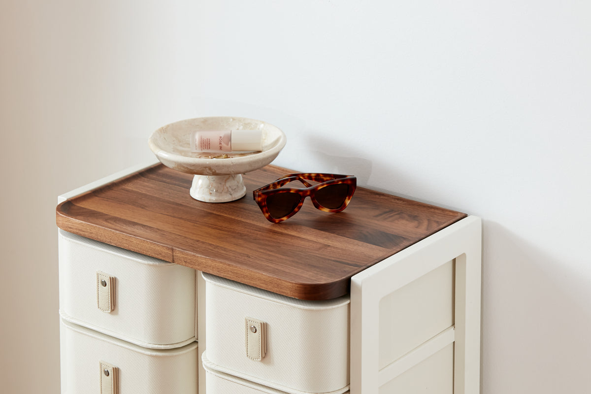 Off-white 14 box stand with cream handles by Sagitine, featuring a sleek, modern design.