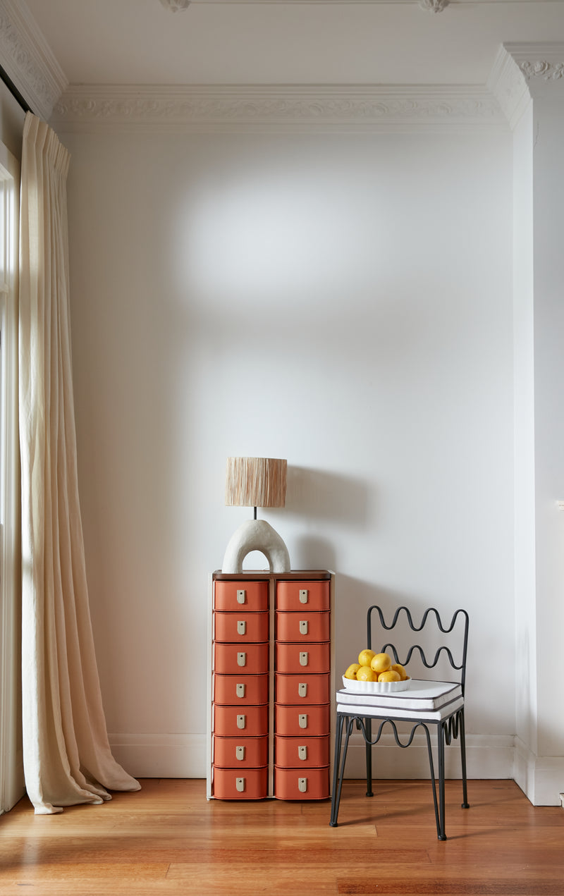 Terracotta 14 box stand with white frame and cream handles by Sagitine