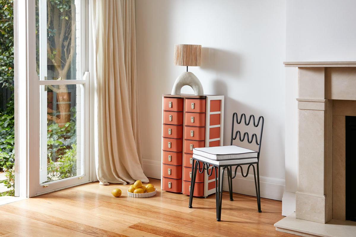 Terracotta 14 box stand by SAGITINE with white stand and cream handles, limited-edition design.