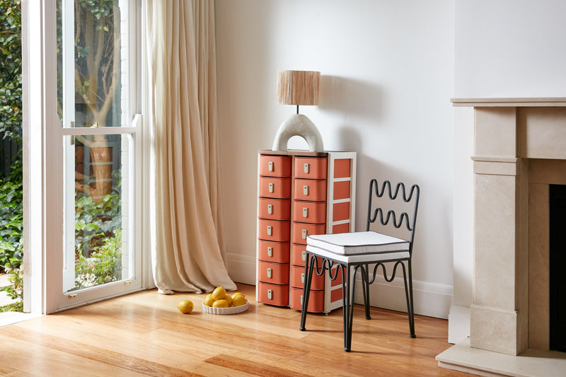 Terracotta 14 box stand by SAGITINE with white stand and cream handles, limited-edition design.