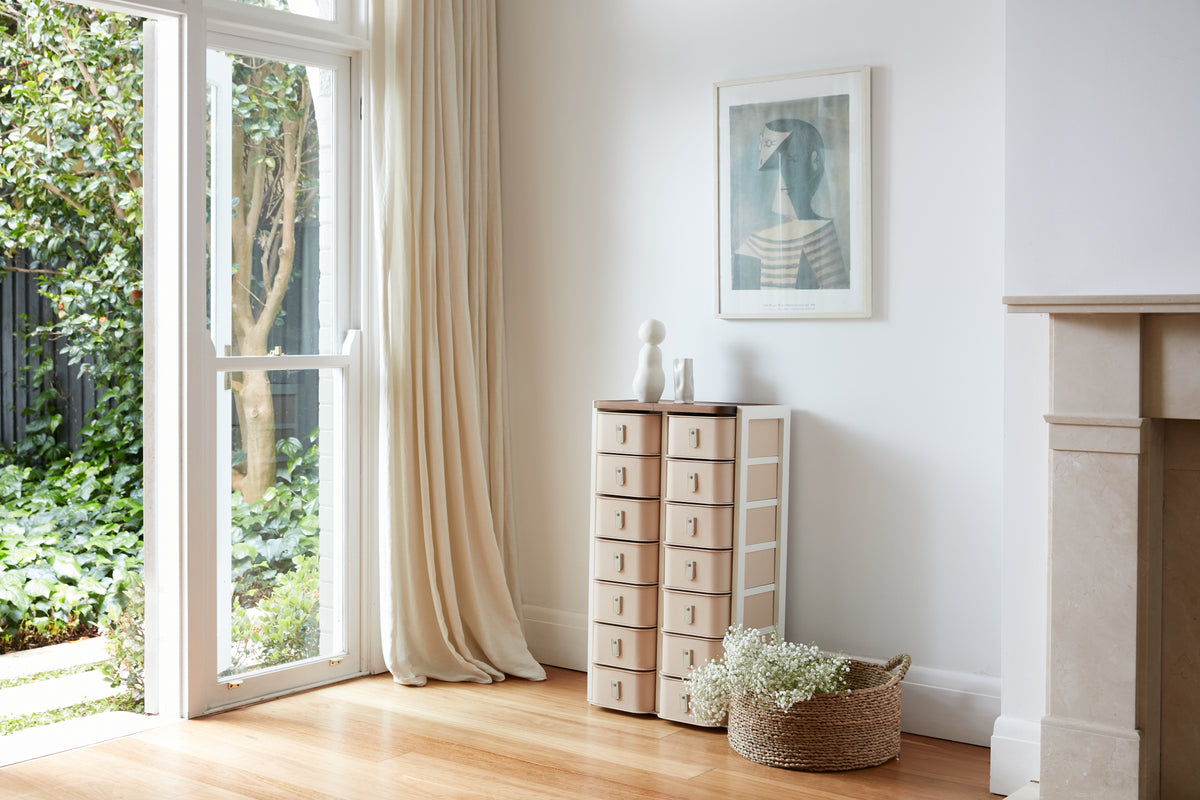 White 14 box stand with nougat boxes and cream handles by SAGITINE