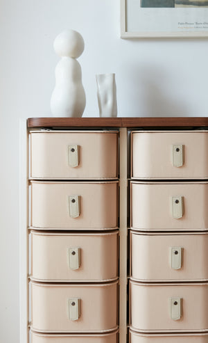 White 14 box stand with nougat boxes and cream handles from SAGITINE, designed for stylish organization.