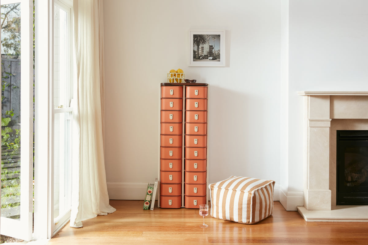 Terracotta 20 Box Stand with white accents and cream handles by SAGITINE, ideal for preordering.