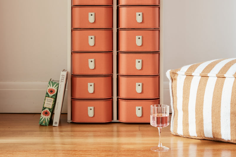 Terracotta 20 box stand with cream handles and white frame by SAGITINE, perfect for display and storage