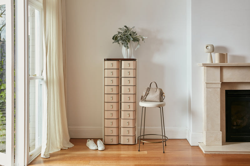 White 20 Box Stand with nougat boxes and cream handles by Sagitine for New York collection