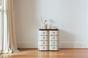 Off-white Florence 8 box stand by SAGITINE with cream handles and minimalist design