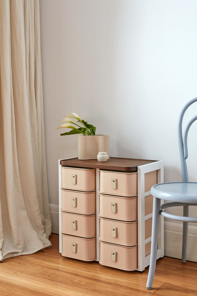 White Florence 8 box stand with nougat boxes and cream handles by SAGITINE