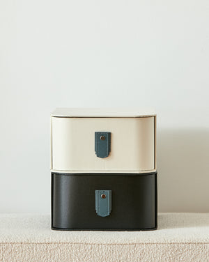 Blue leather pull handle by Sagitine, featuring a sleek design for easy gripping