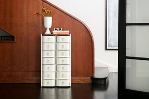 Off-white 14 box stand with cream handles, designed by SAGITINE for versatile storage