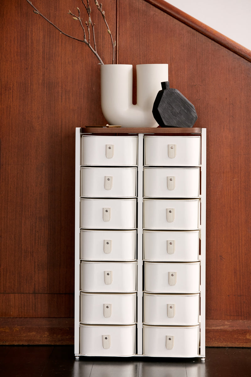 Off-white 14 box stand with cream handles by SAGITINE, featuring a minimalist design