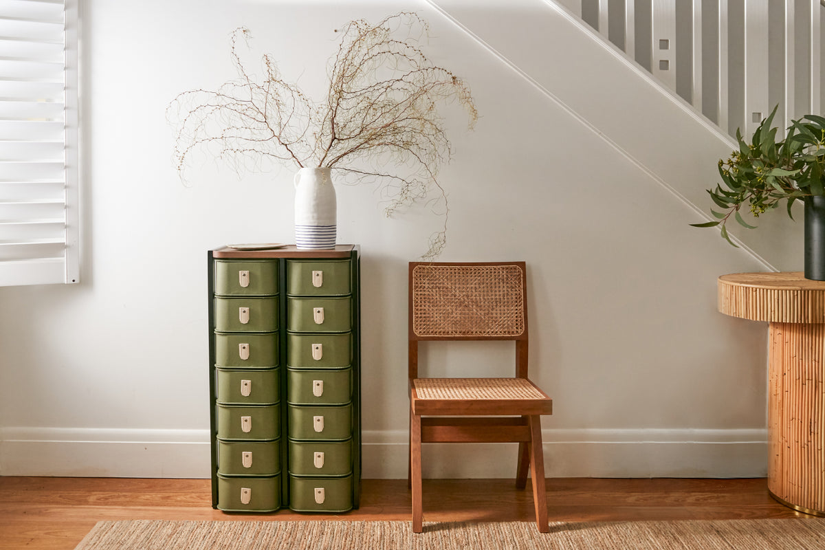 Olive 14 box stand with black features from SAGITINE, designed for stylish organization.